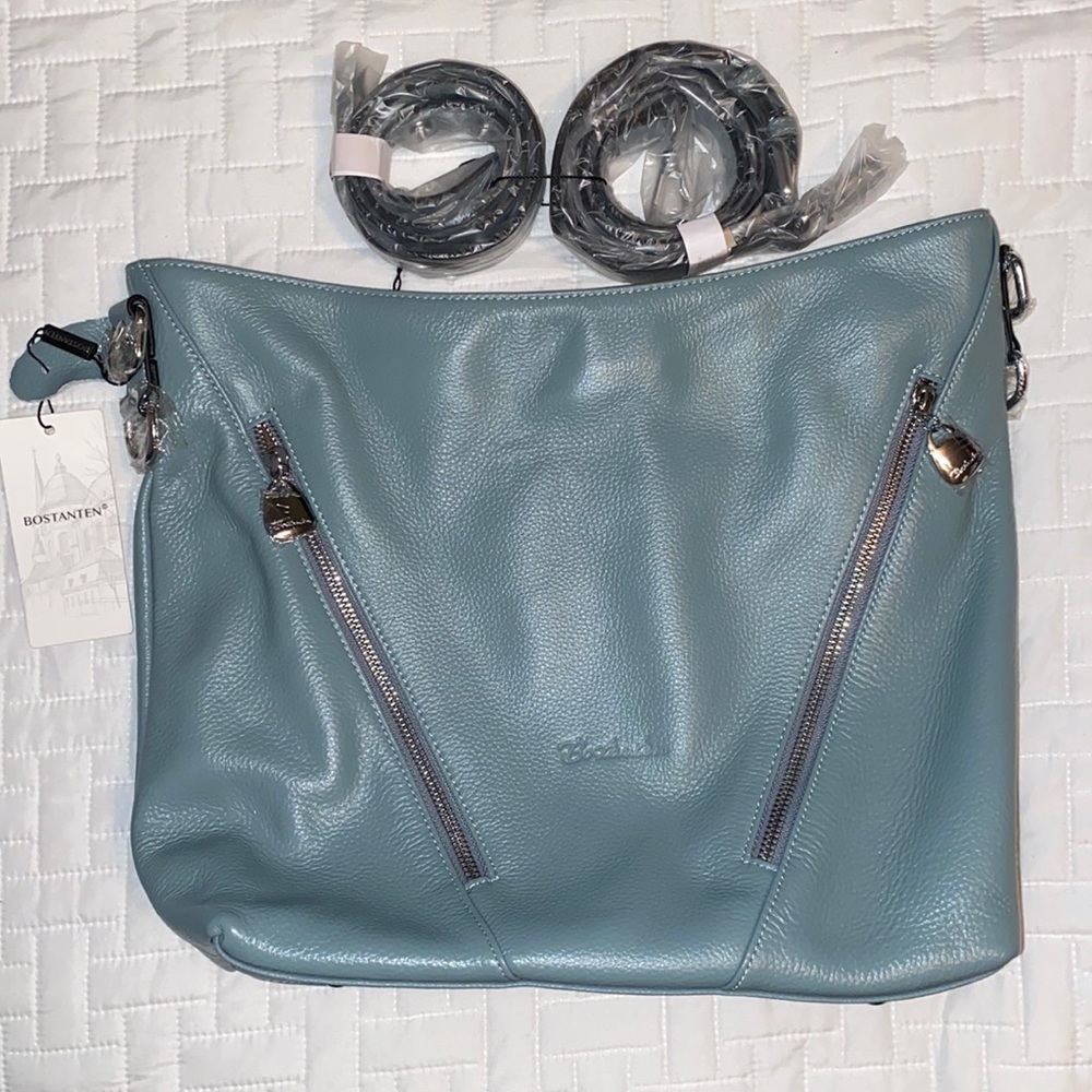 New blue Bostanten bag with tags still on